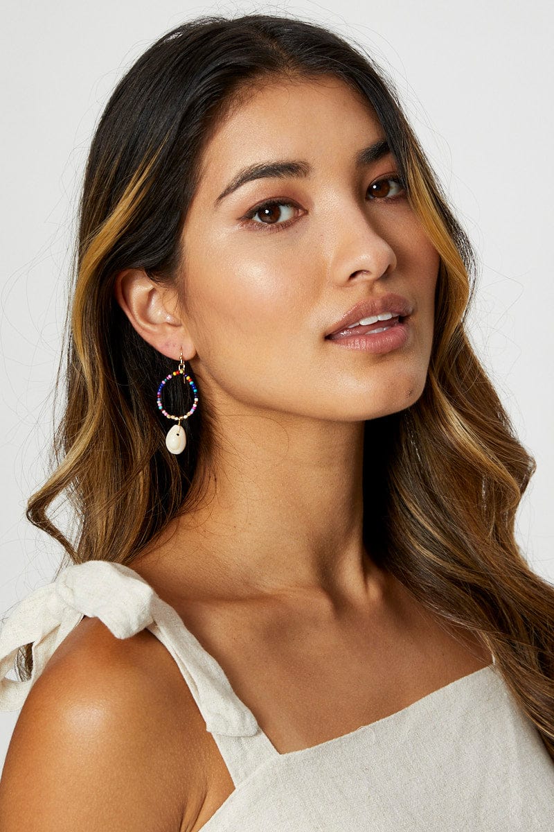 Multi Shell Drop Multi Coloured Beaded Hoop Earrings