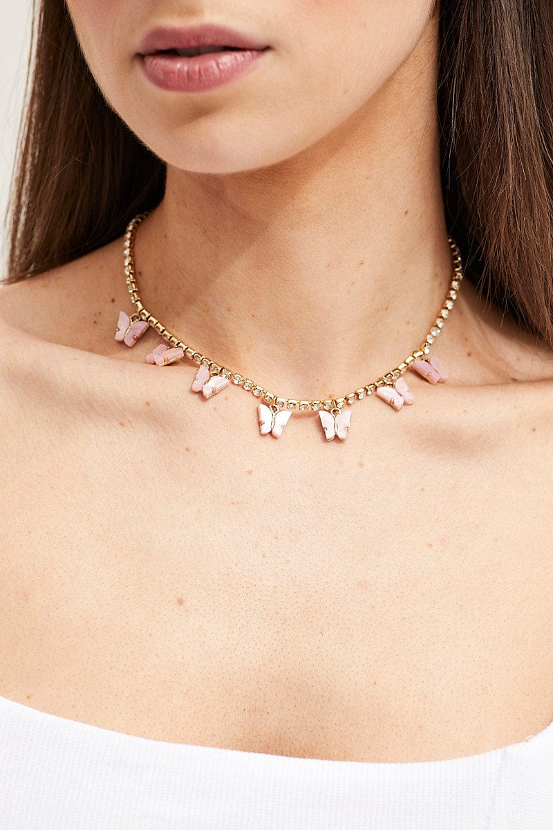 Pink Butterfly Charm Rhinestone Necklace