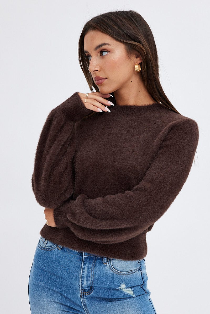 Brown Fluffy Knit Jumper Long Sleeve Crew neck