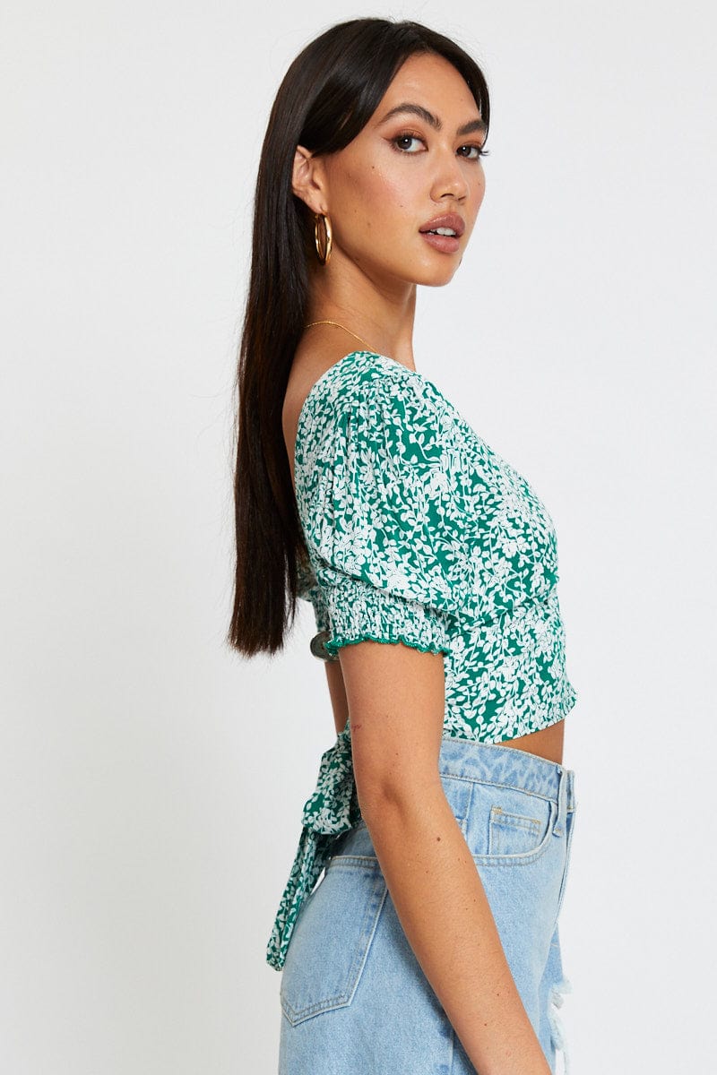 Ditsy Print Crop Top Short Sleeve Tie Up