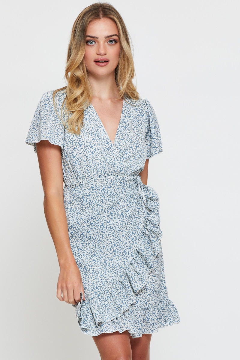 Print Wrap Dress Short Sleeve V Neck