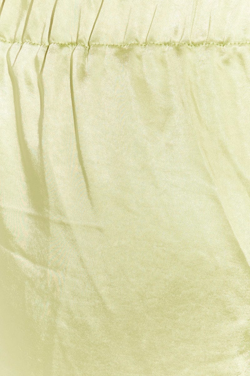 Green Pant High Elastic Waist Tie Front Wide Leg Satin