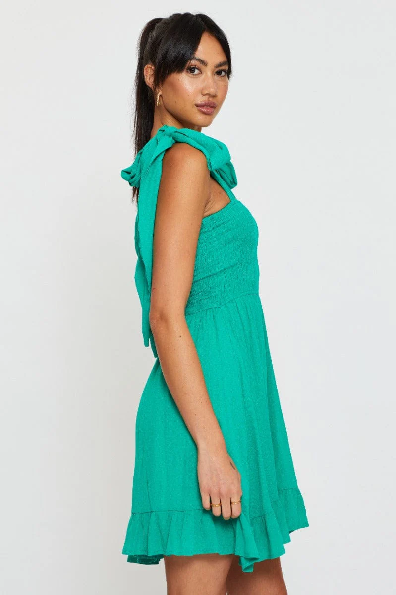 Green Fit And Flare Dress Sleeveless Tie Shoulder