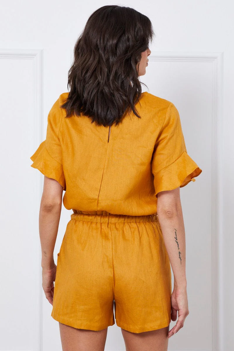 Yellow Tie Up Linen Shorts Paper Bag Linen