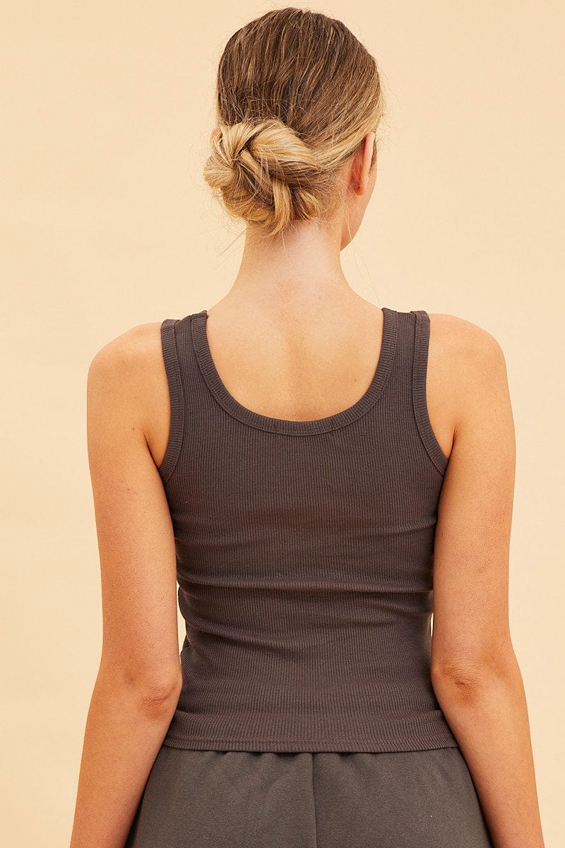 Grey Cotton Tank Scoop Neck Cotton Blend Rib Sleeveless