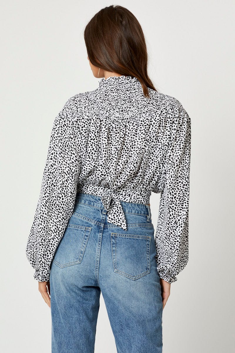 Geo Print Shirred Tie Back Top