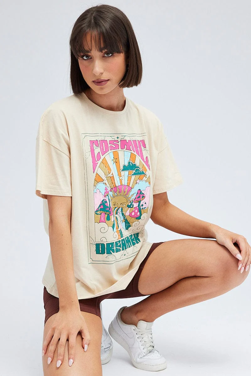 Beige Graphic Tee Festival Bright Oversized T-shirt