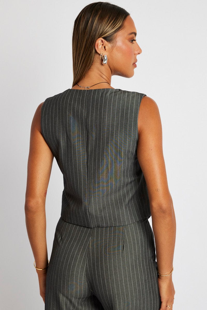Grey Stripe Waistcoat Sleeveless V Neck Button Up