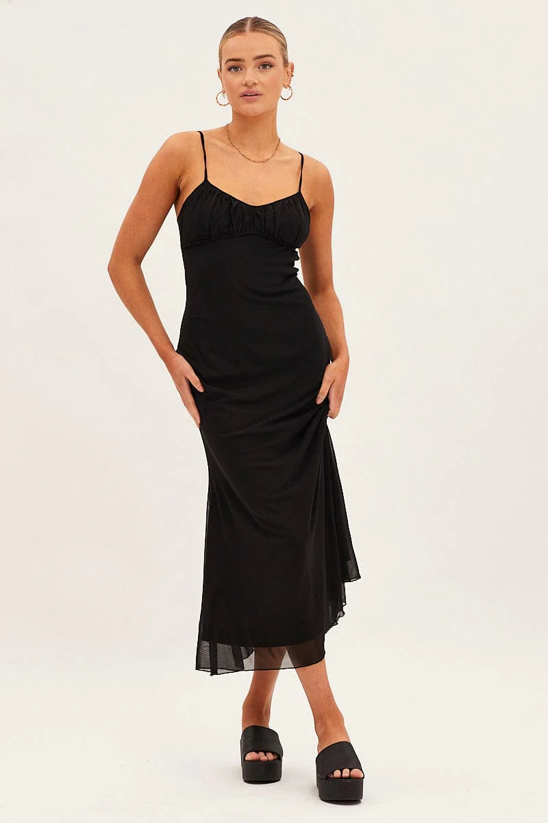 Black Maxi Dress Sleeveless Gathering Bust Mesh