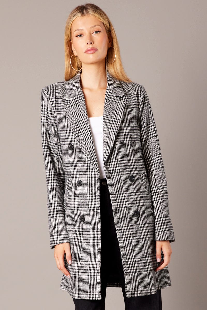 Black Check Coat Longline Collared Long Sleeve