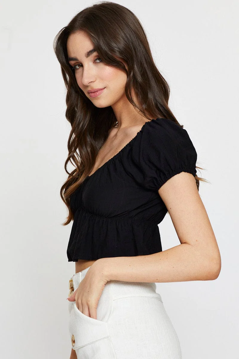 Black Crop Top Short Sleeve Square Neck