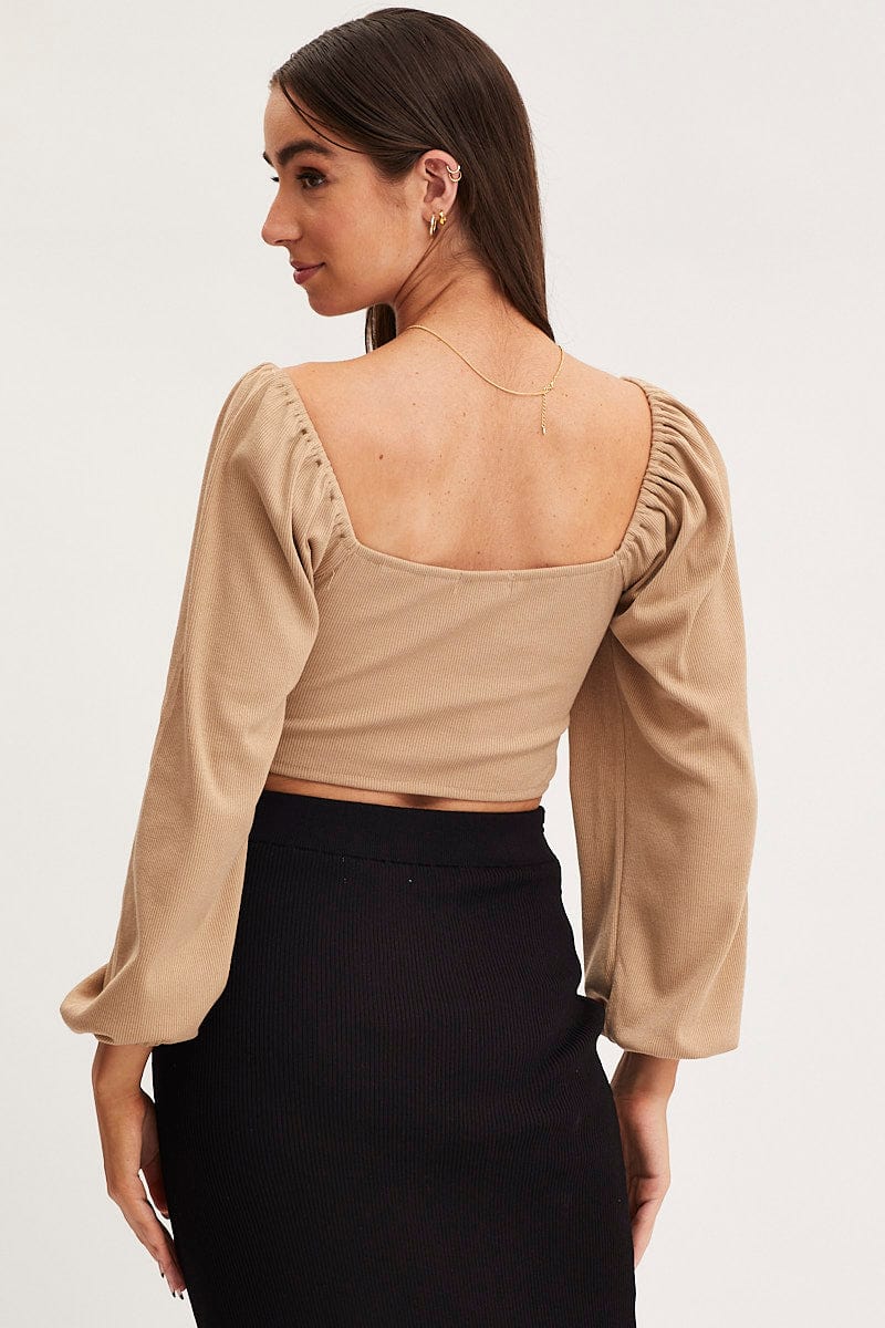 Beige Ruched Crop Top Long Sleeve