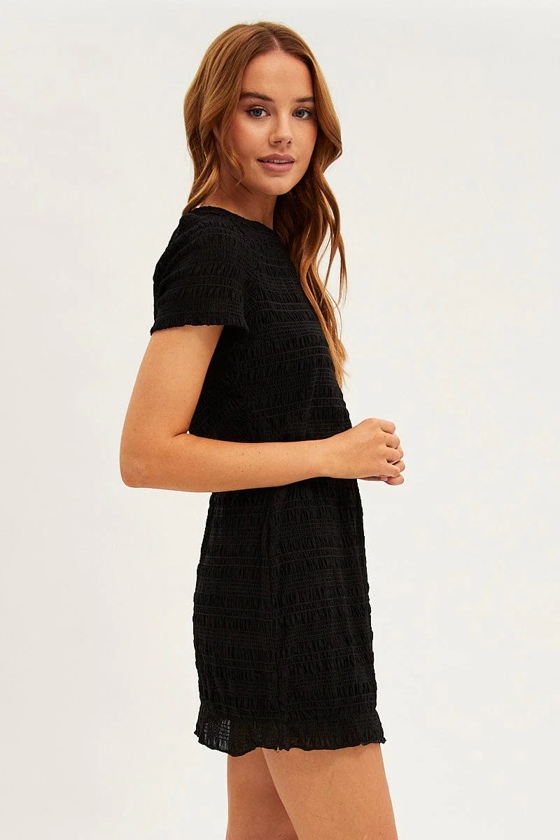 Black Mesh T-Shirt Gathered Texture Detail Short Sleeve