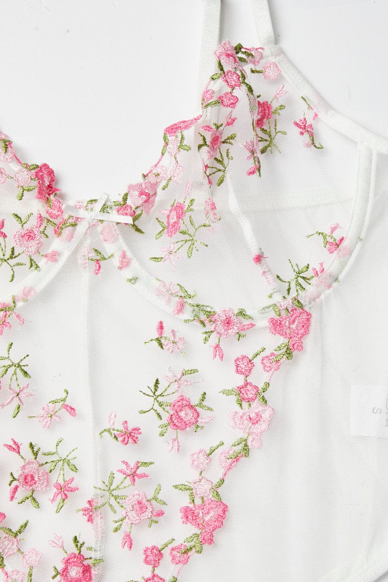 Pink Mesh Embroidery One Piece Bodysuit