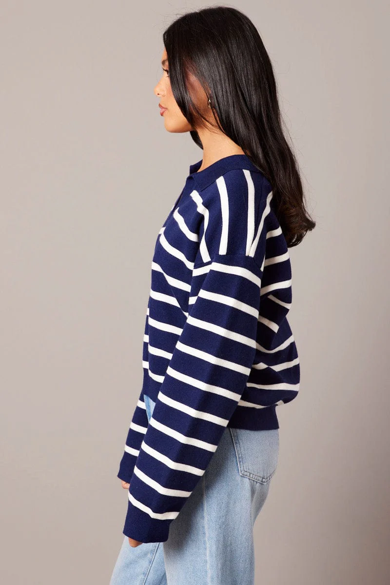 Blue Stripe Knit Top Long Sleeve Collar