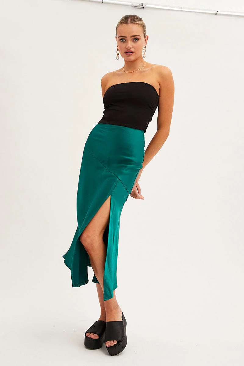 Teal Slip Skirt Satin Midi