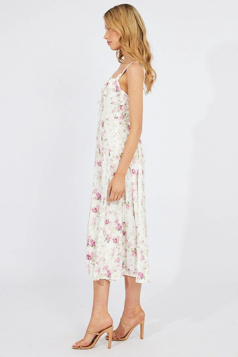 White Floral Midi Dress Gathering Bust Sleeveless