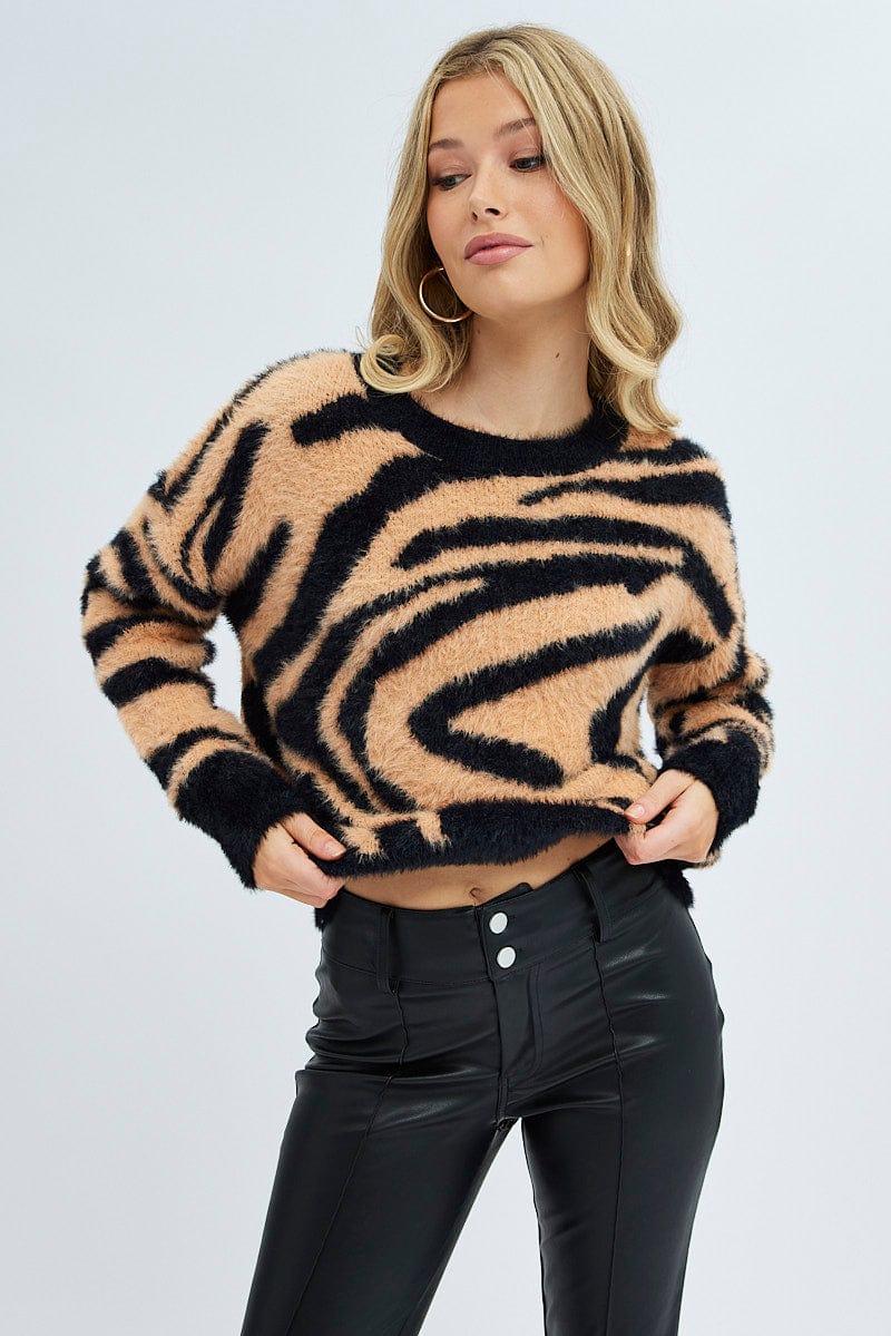Print Knit Top Long Sleeve Fluffy