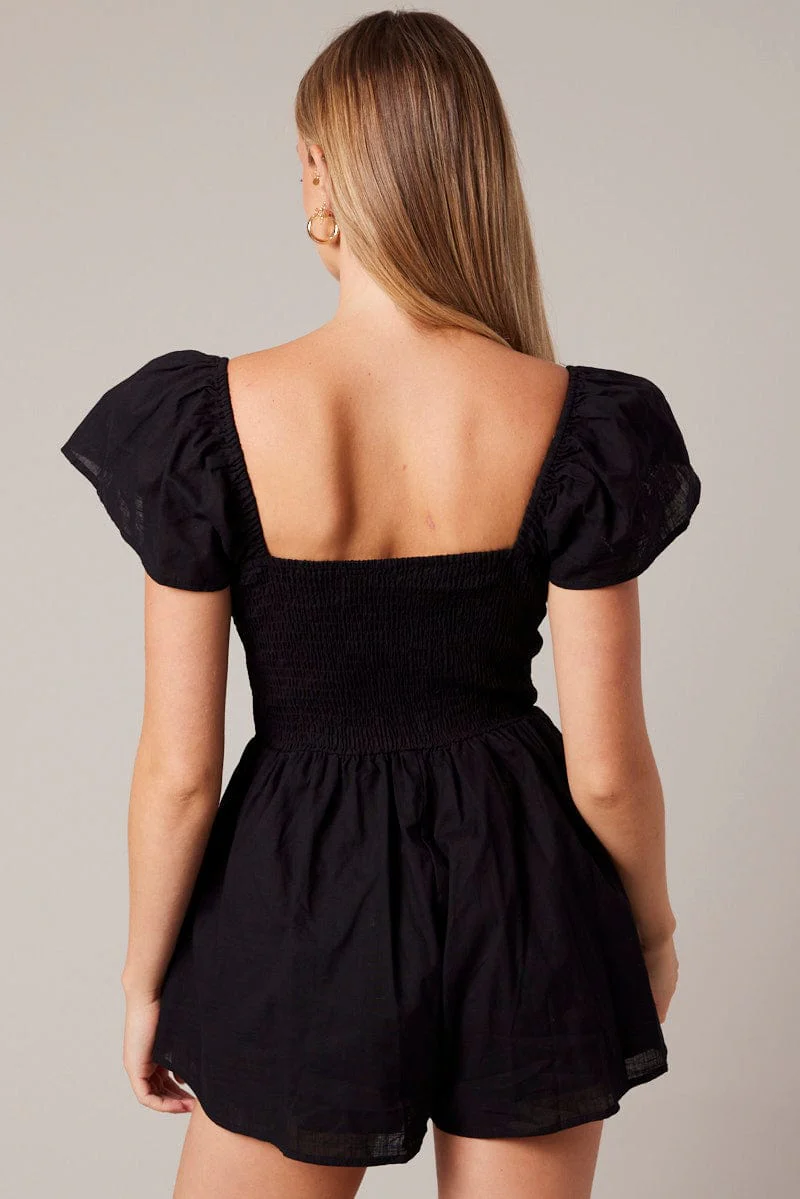 Black Shirred Playsuit Short Sleeve