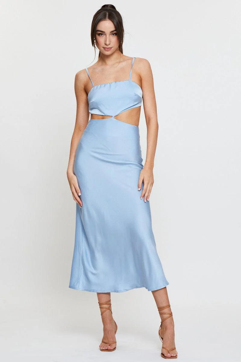 Blue Midi Dress Satin