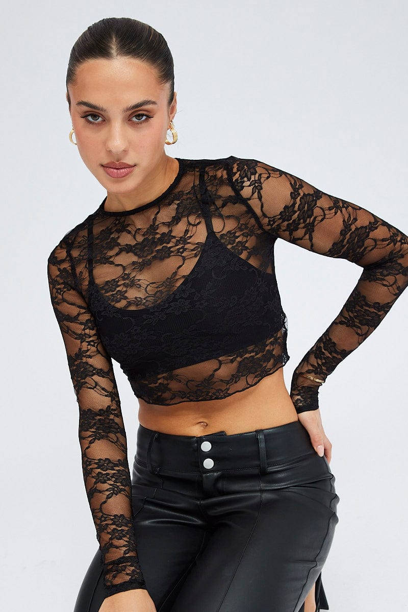 Black Lace Top Sheer Long Sleeve Crop