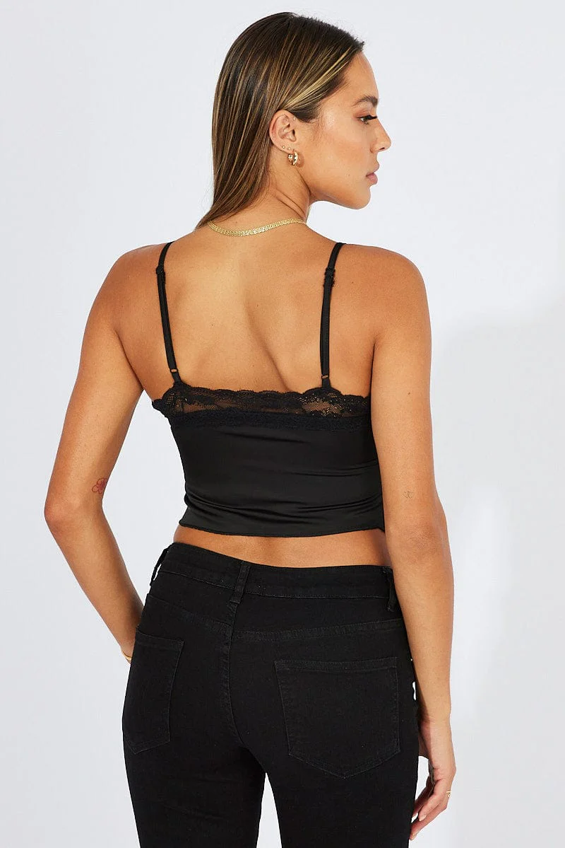 Black Satin Cami Lace Trim Neck