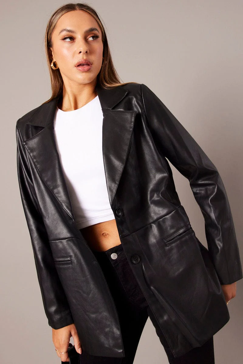 Black Jacket Faux Leather Collared