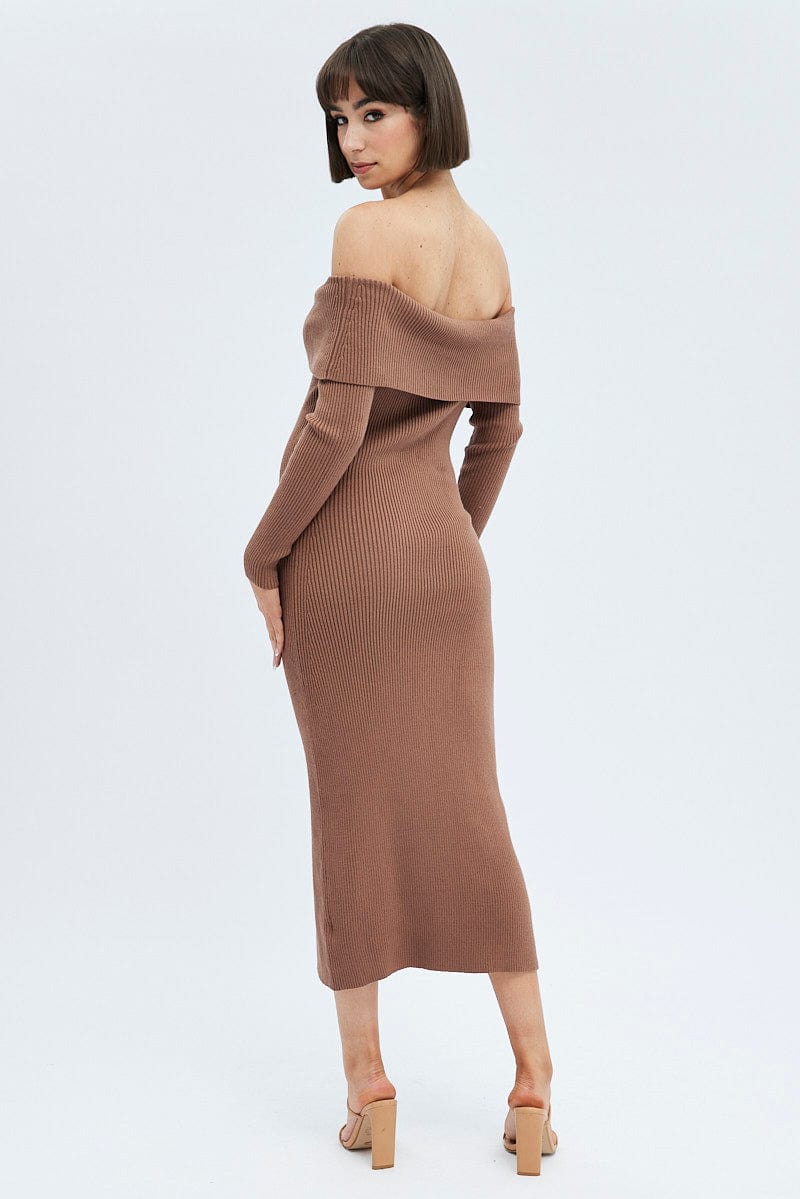 Brown Midi Dress Long Sleeve Off Shoulder Bardot Knit