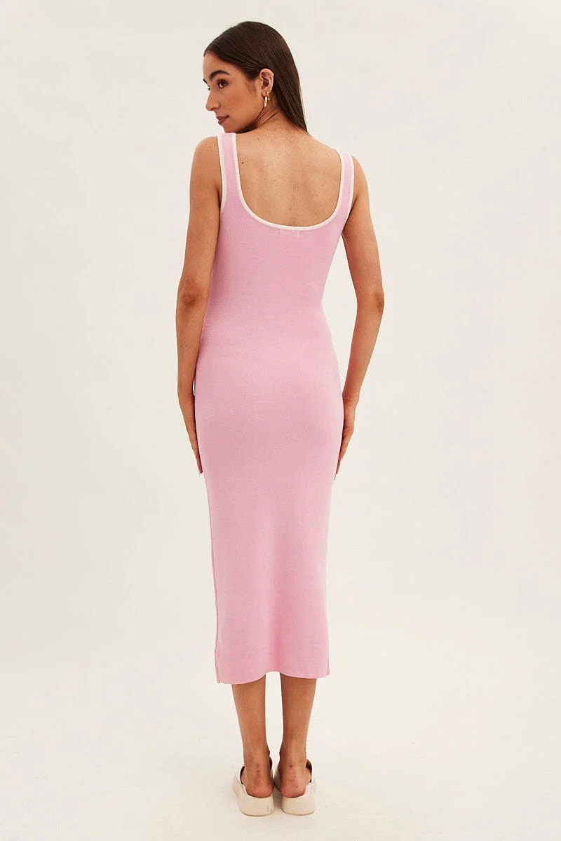 Pink Knit Dress Midi Sleeveless Contrast Binding