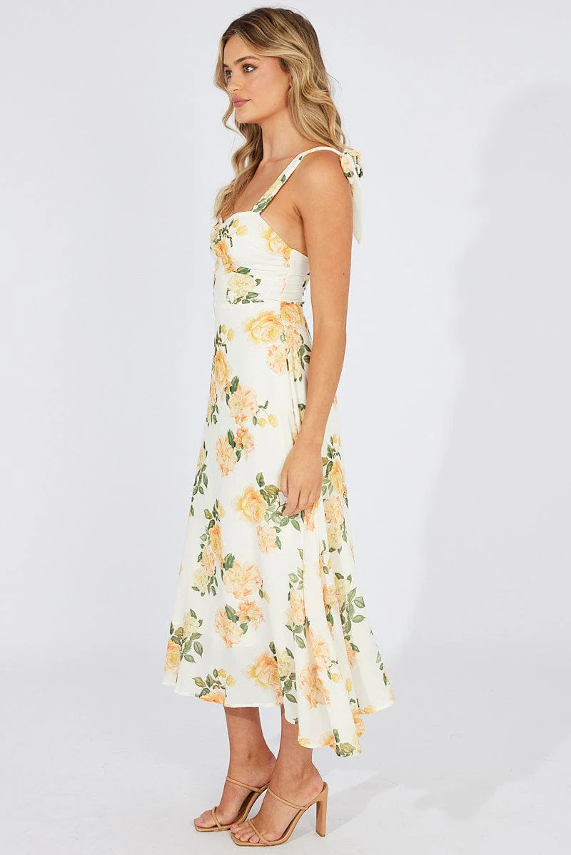 Yellow Floral Midi Dress Sleeveless Tie Shoulder