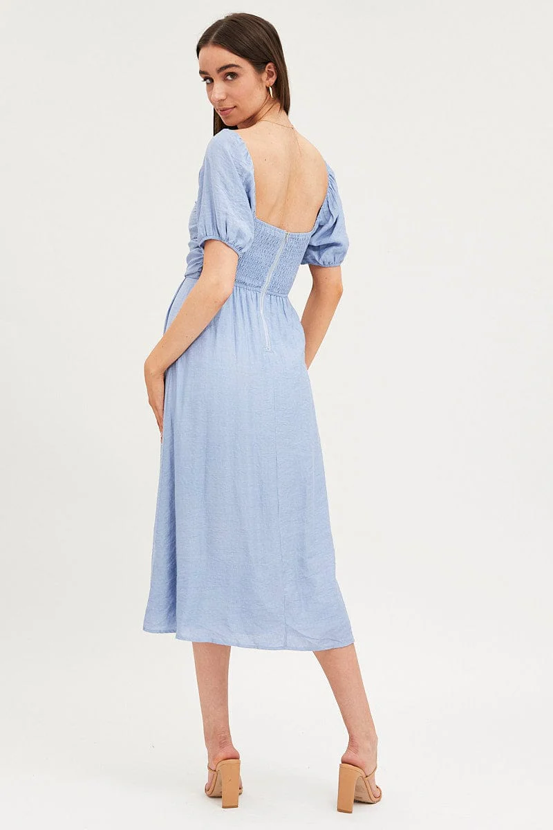 Blue Midi Dress Evening Square Neck