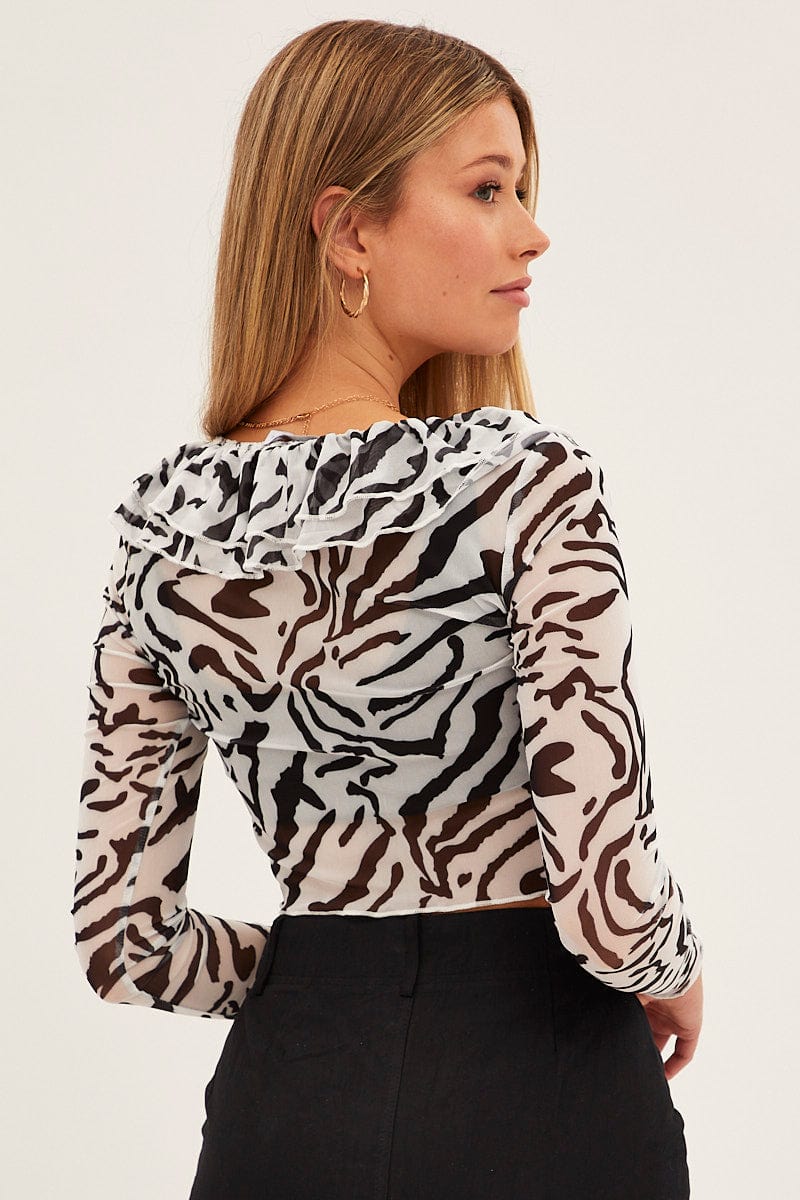 Black Print Mesh Long Sleeve Crop Top