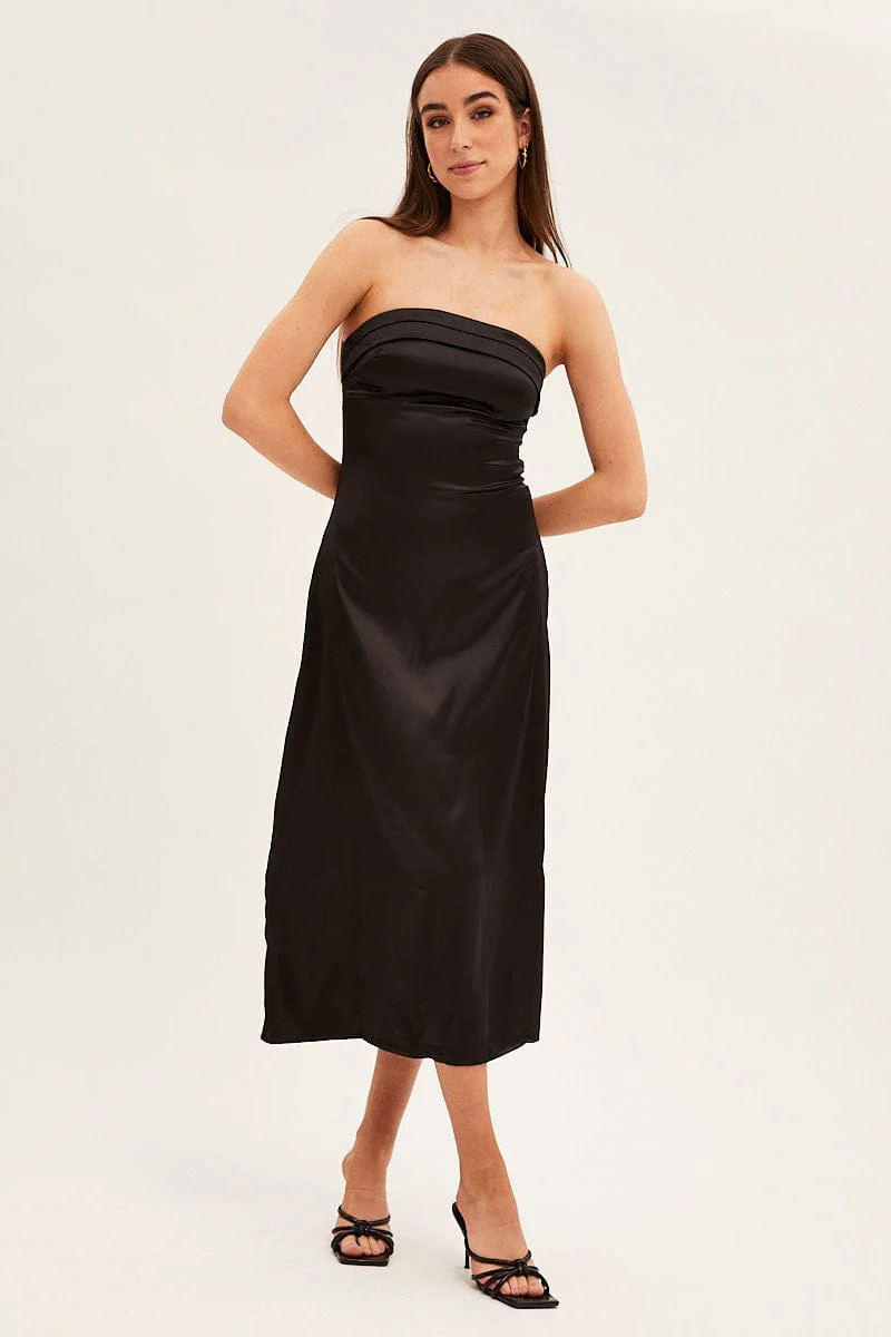 Black Satin Straight Midi Dress