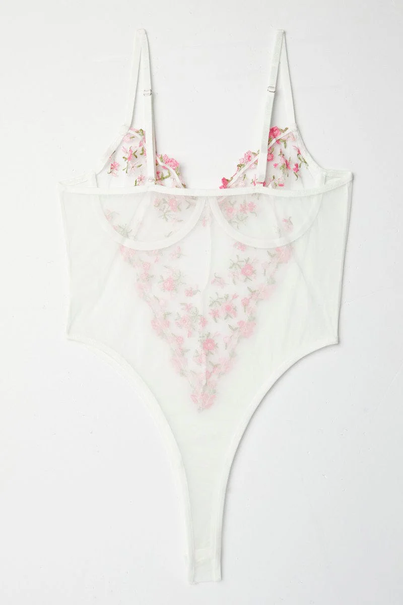 Pink Mesh Embroidery One Piece Bodysuit
