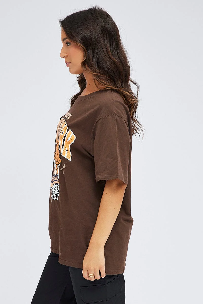 Brown Graphic Tee Short Sleeve Oversized Round Neck