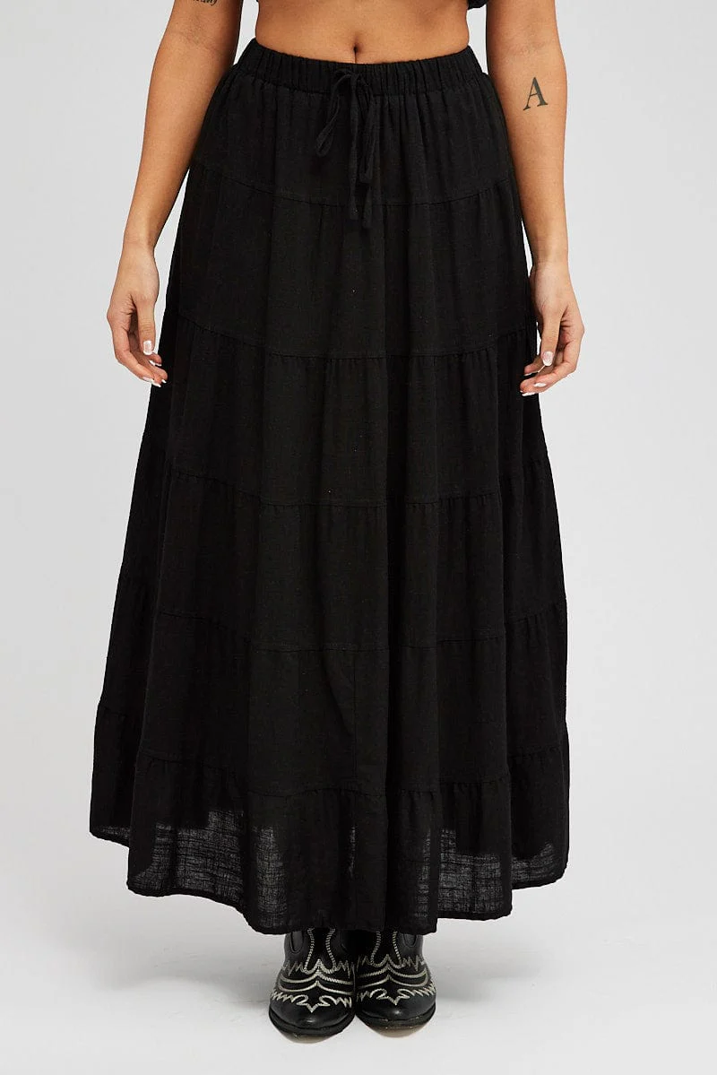 Black Maxi Skirt Tiered High Rise Linen Blend