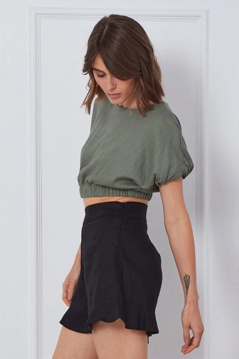 Black High Rise Shorts Linen