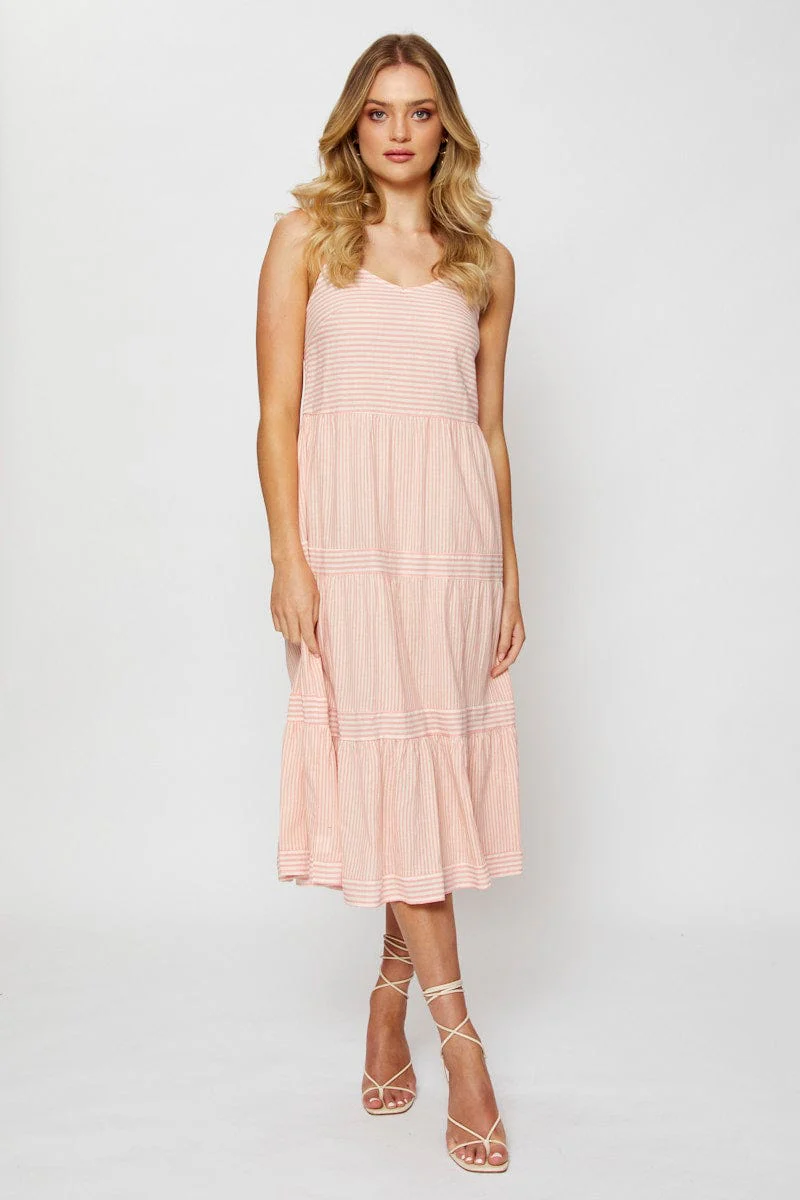 Stripe Midi Dress V Neck