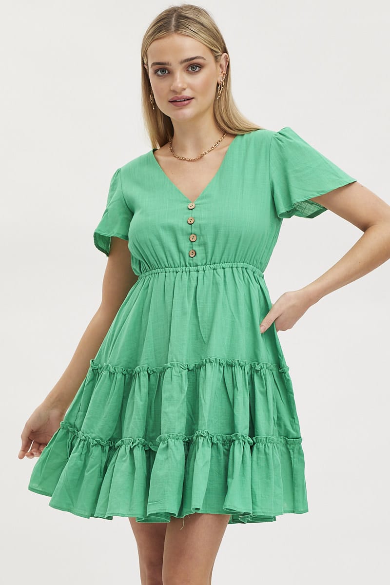 Green Skater Dress Short Sleeve Mini