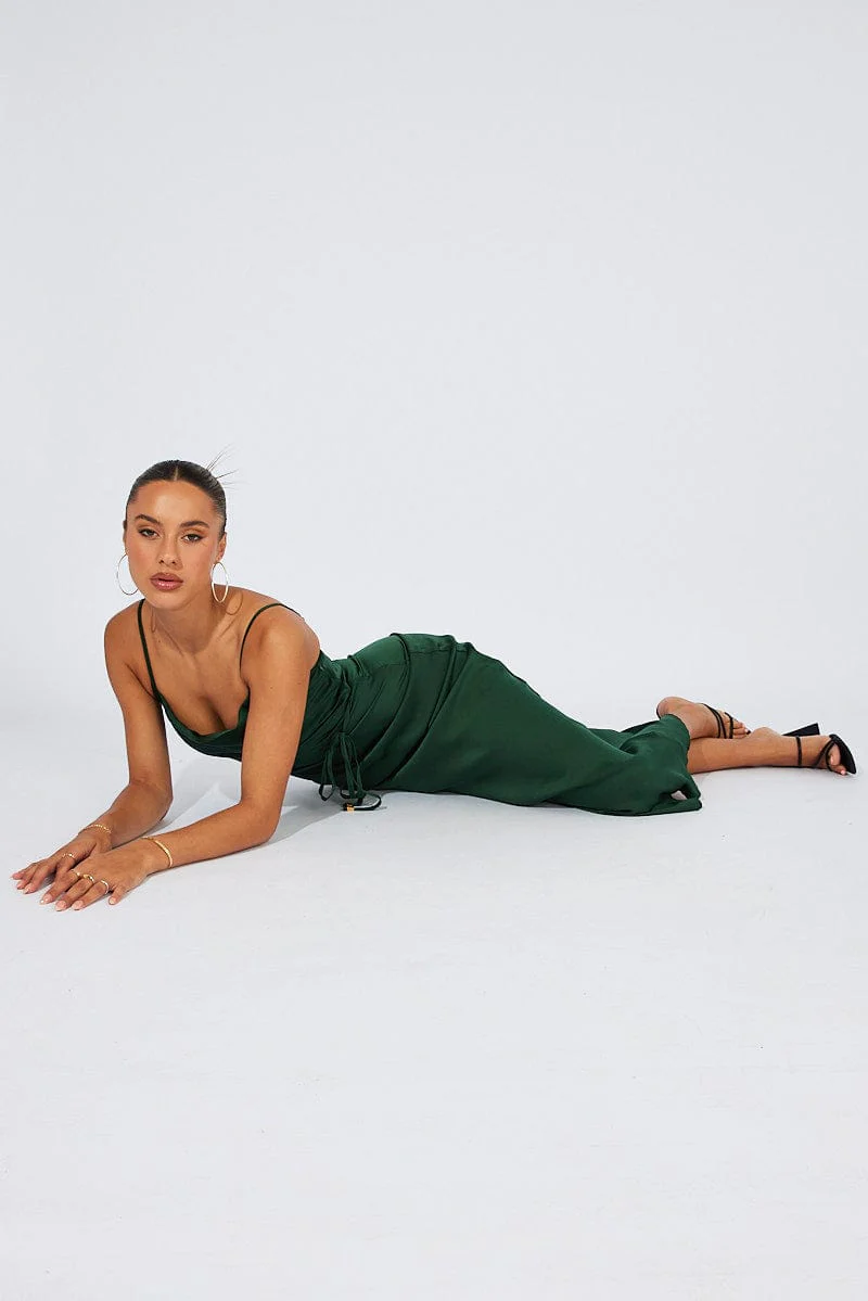 Green Maxi Dress Cowl Neck Satin