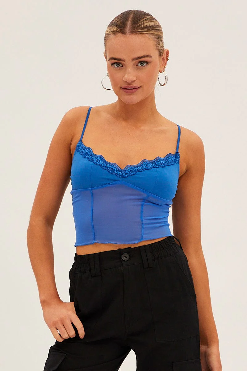 Blue Lace Trim Mesh Cami Top