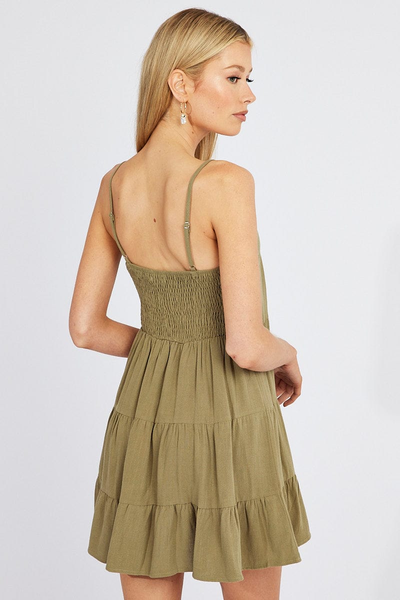 Green Fit and Flare Dress Sleeveless Tiered