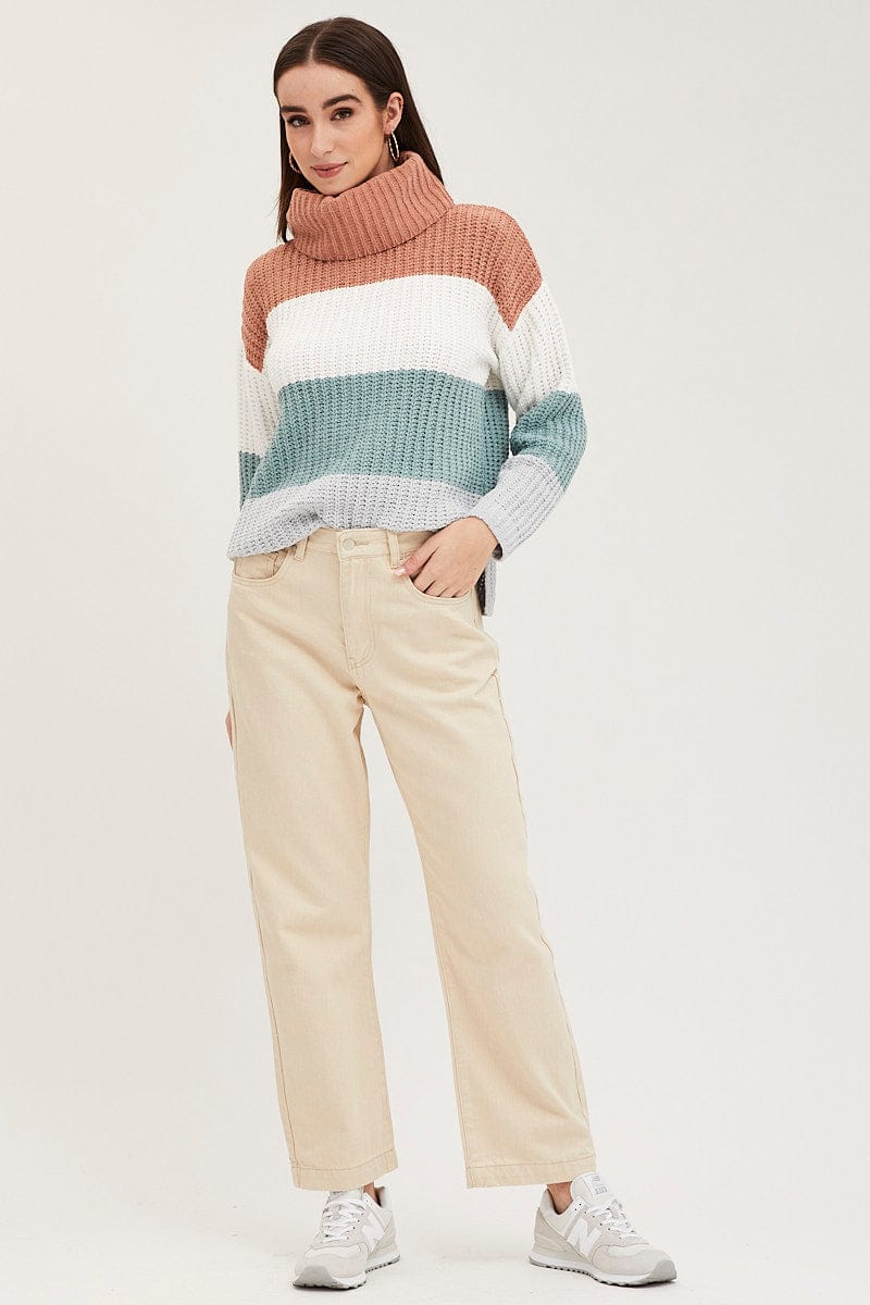 Stripe Knit Top Long Sleeve Relaxed Turtleneck