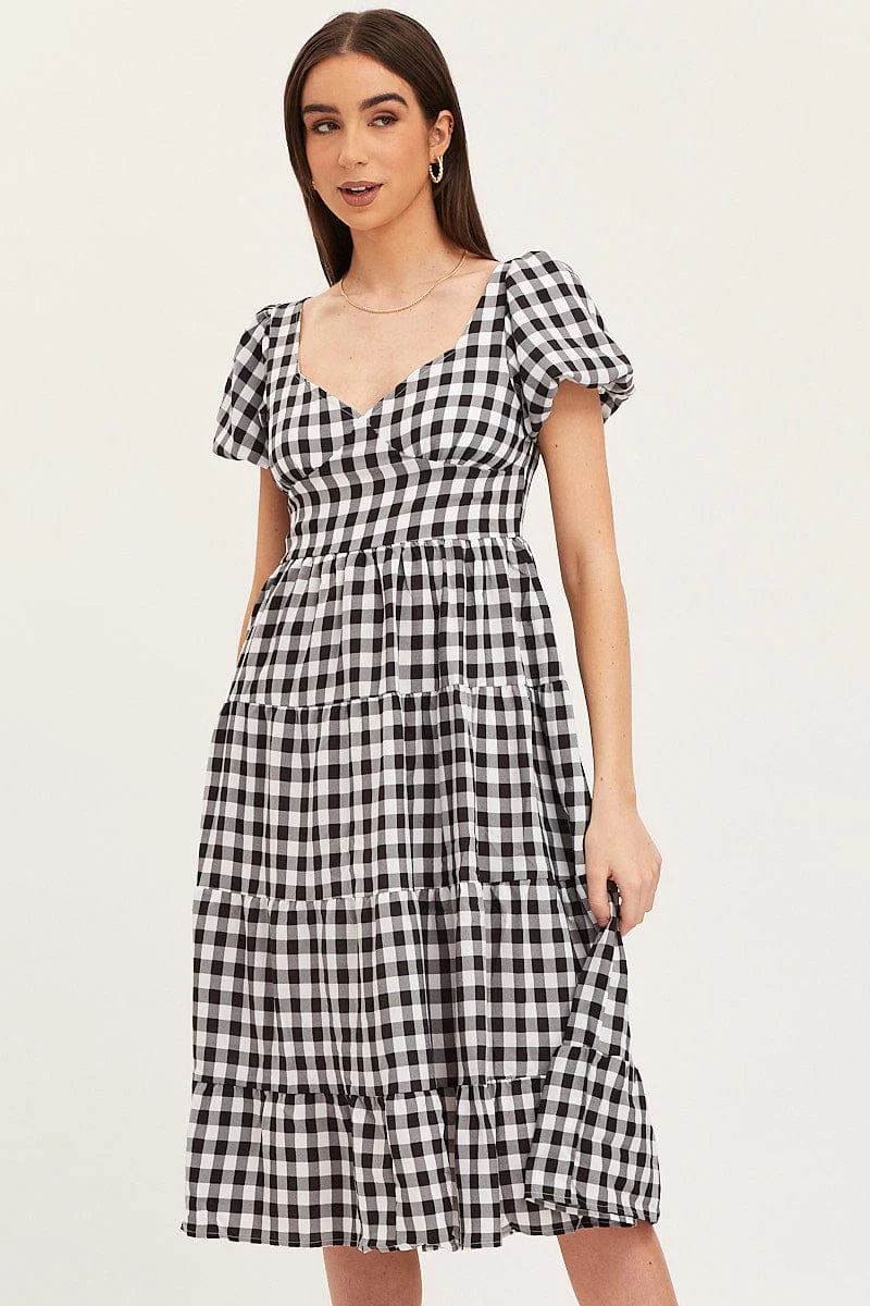 Check Midi Dress Short Sleeve Evening