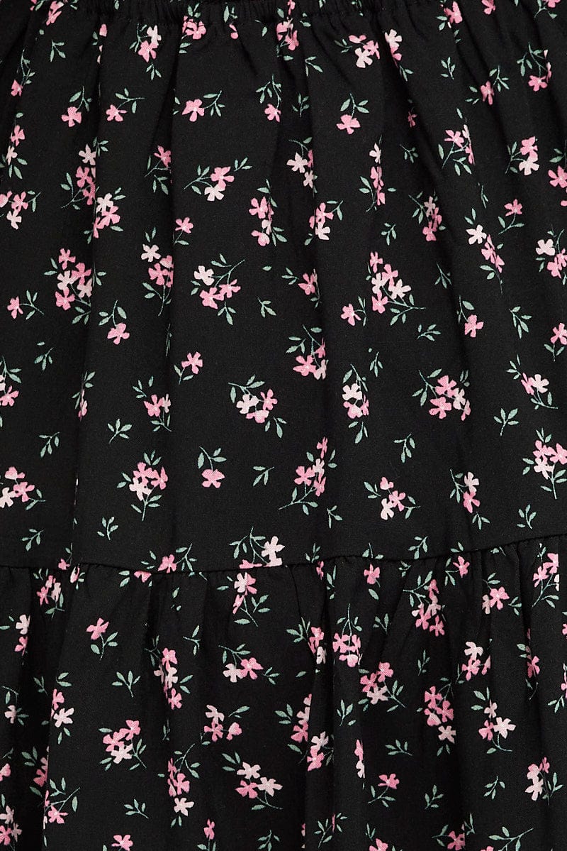 Black Floral Fit And Flare Dress Puff Sleeve Mini