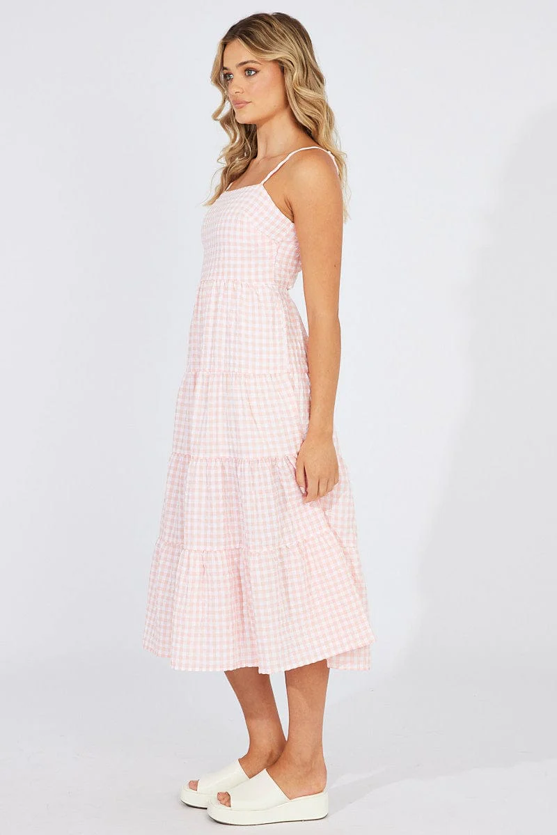 Pink Check Midi Dress Sleeveless Tie Back