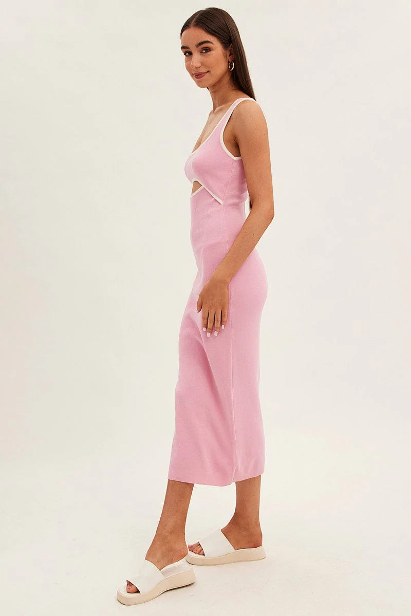 Pink Knit Dress Midi Sleeveless Contrast Binding