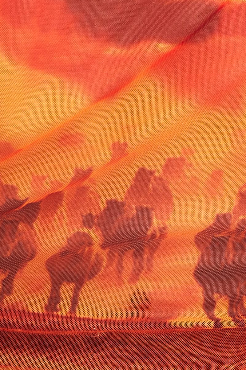 Orange Abstract Landscape Print Mesh Short Sleeve Top