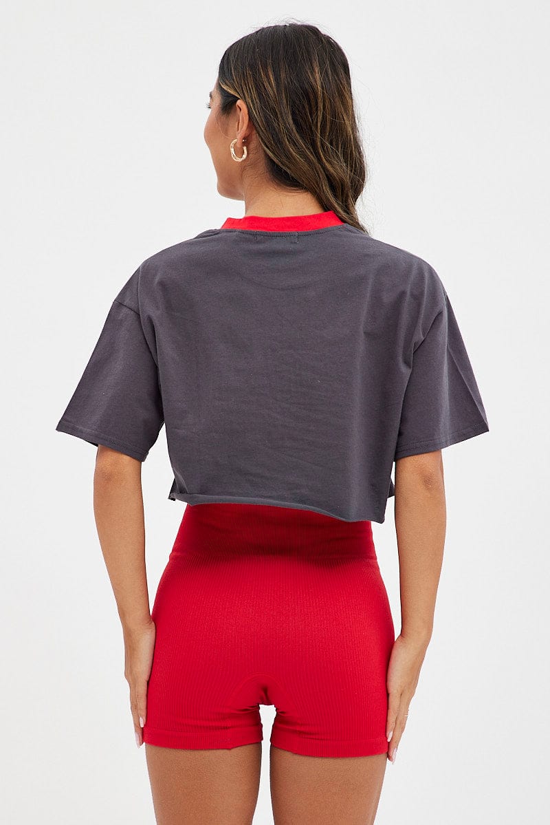 Grey Crop T Shirt Short Sleeve Crew Neck Chicago Cotton