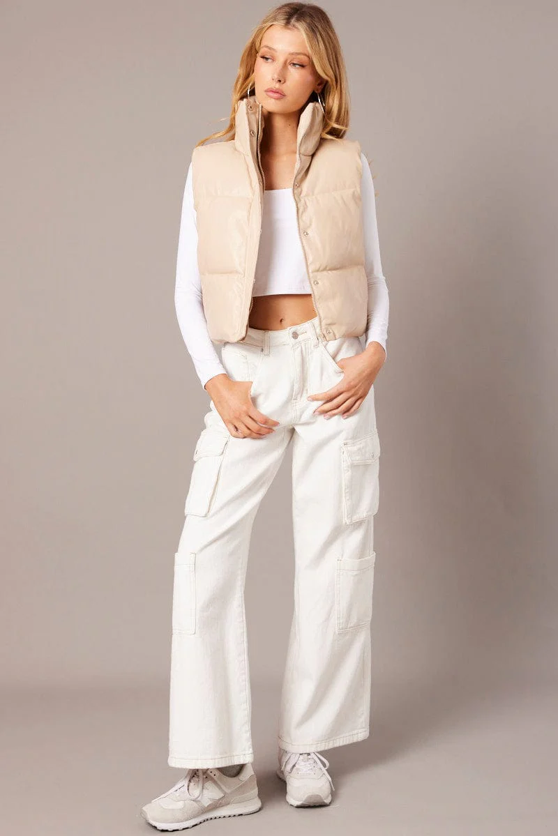 Camel Puffer Zip Sleeveless Faux Leather